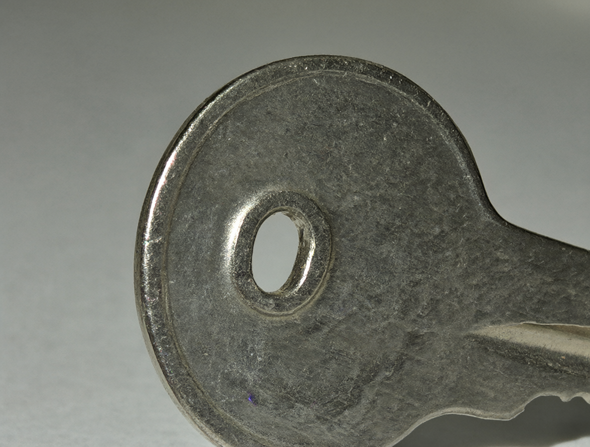 Close-up of a metal key with an offset mounting hole