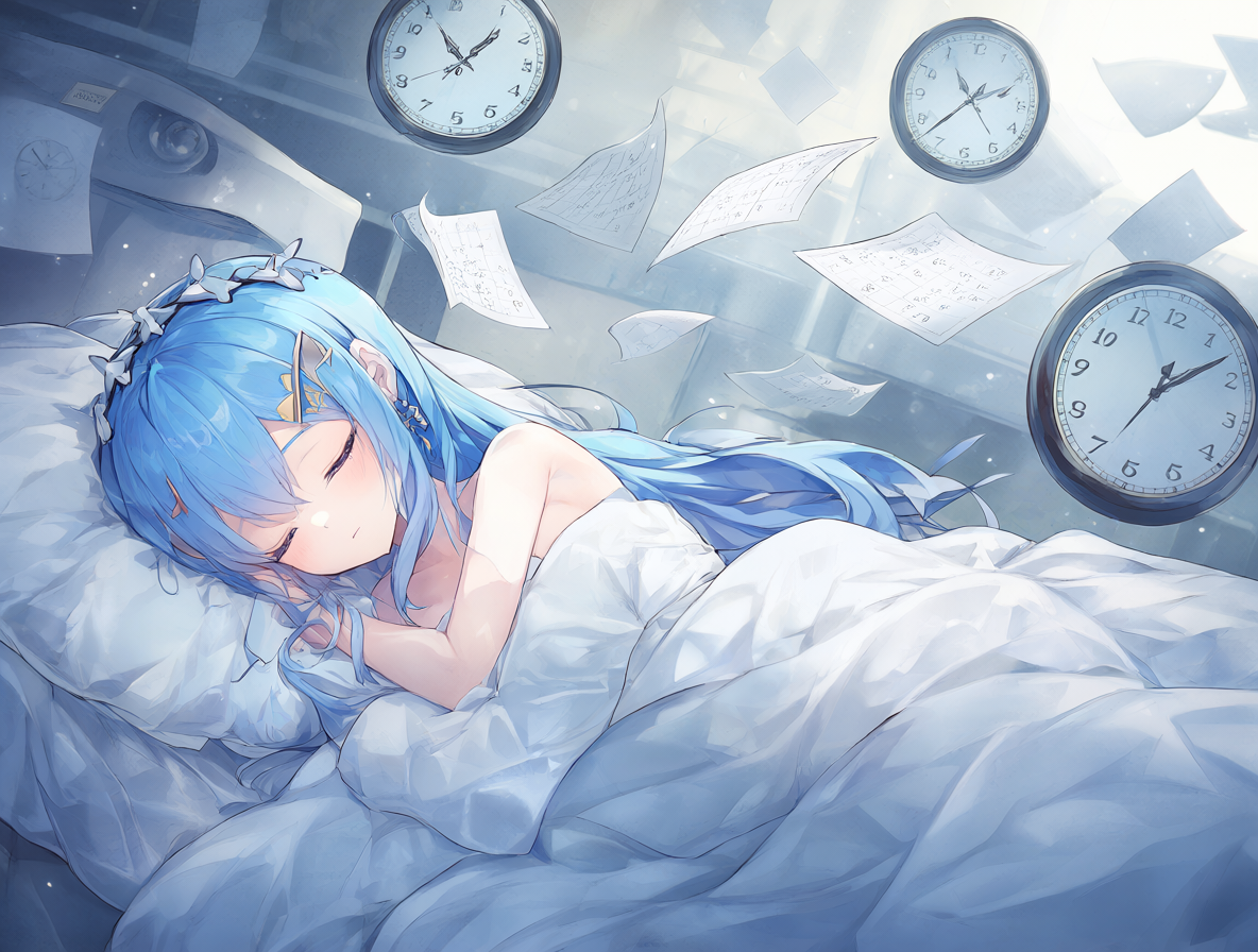 Ilustración de Rem durmiendo profundamente mientras pasan los años a su alrededor.