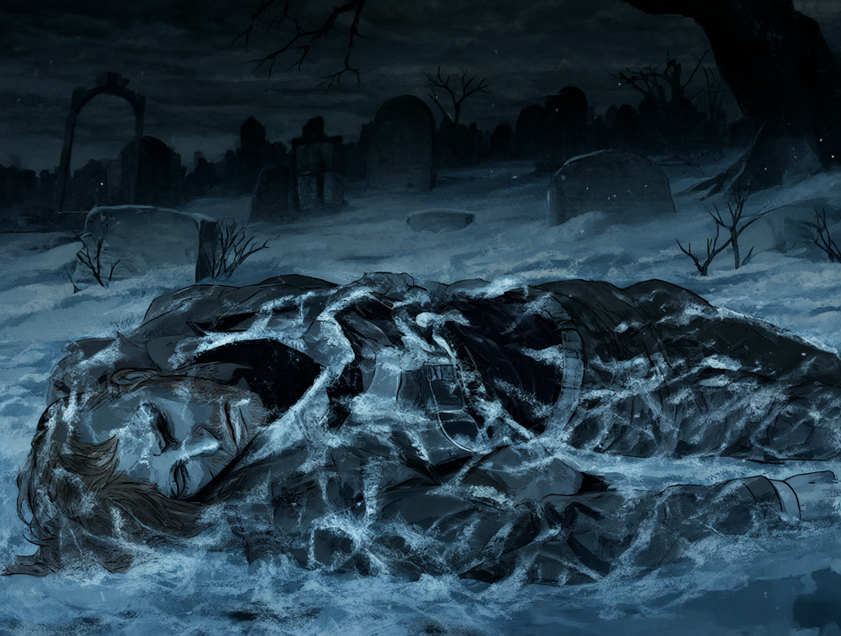 Jason Todd durmiendo bajo la nieve con una línea de tiempo pasando sobre él.