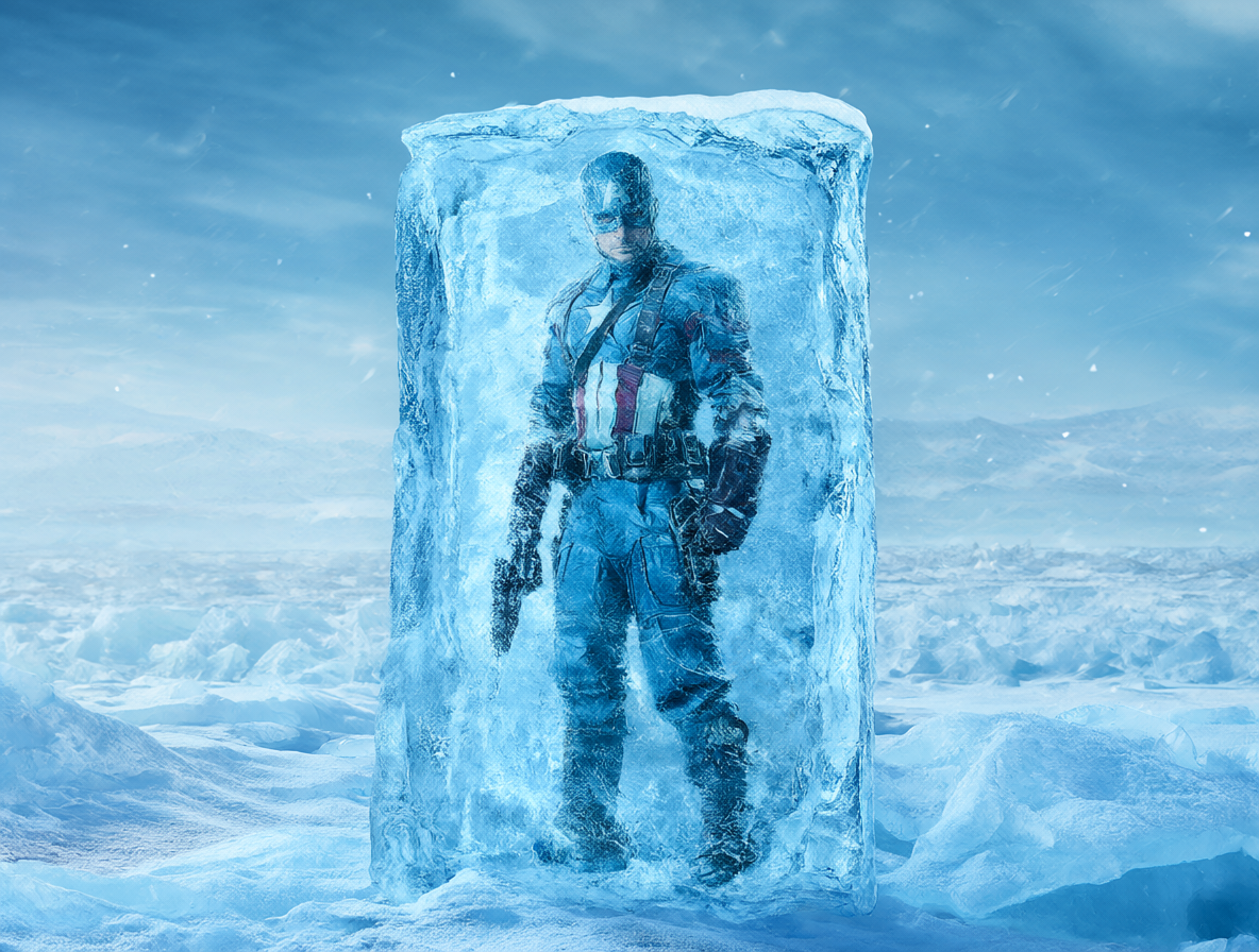 Capitán América atrapado en hielo grueso mientras pasan los años.