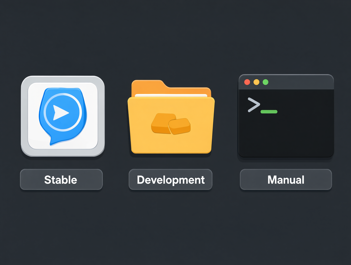 Ilustración vectorial mostrando Desktop, Portable e instalación manual de ComfyUI.