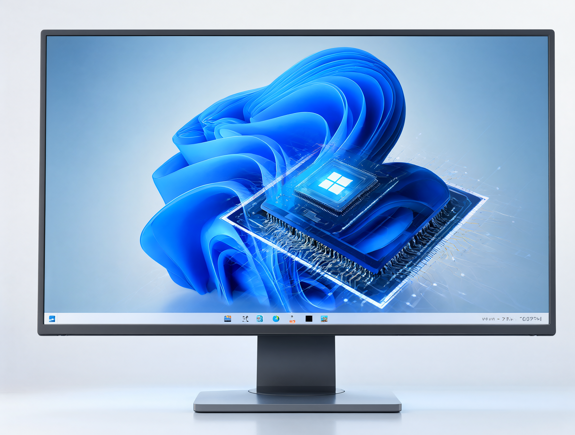Monitor mostrando la interfaz de Windows 11 con un icono de microchip brillante al fondo.