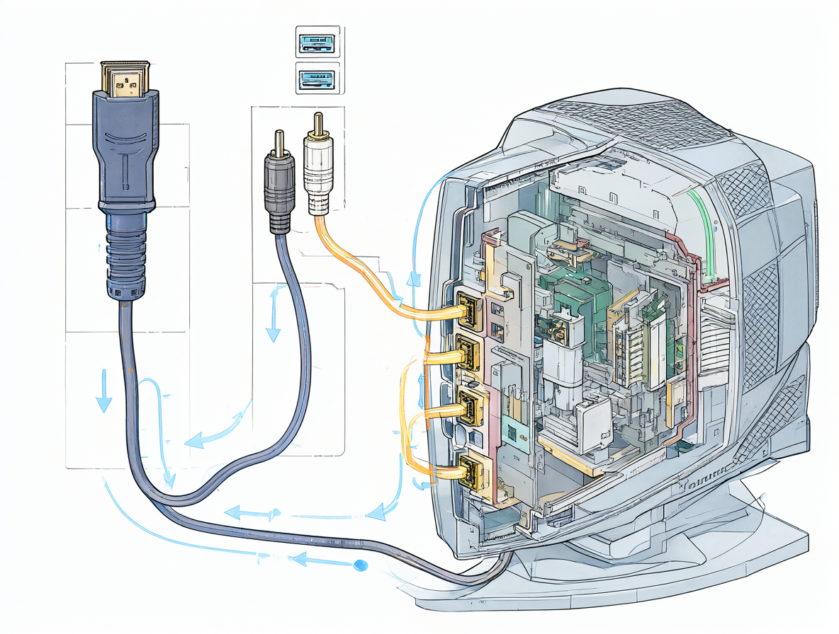 Diagrama técnico mostrando cómo un convertidor transforma una señal digital HDMI en ondas analógicas para un televisor CRT, y luego vuelve a digitalizarla.