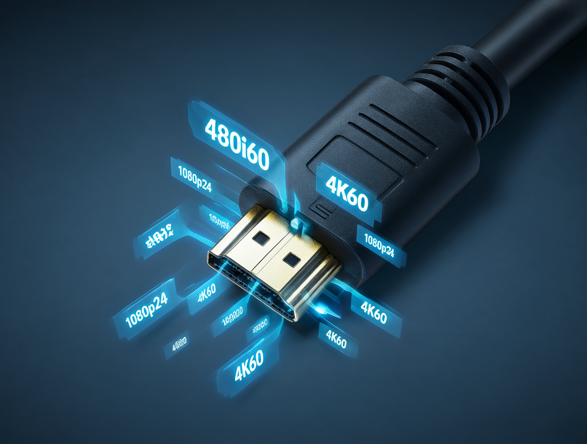 Vista cercana de un conector de cable HDMI con etiquetas holográficas que muestran especificaciones como 480i60 y 1080p24.