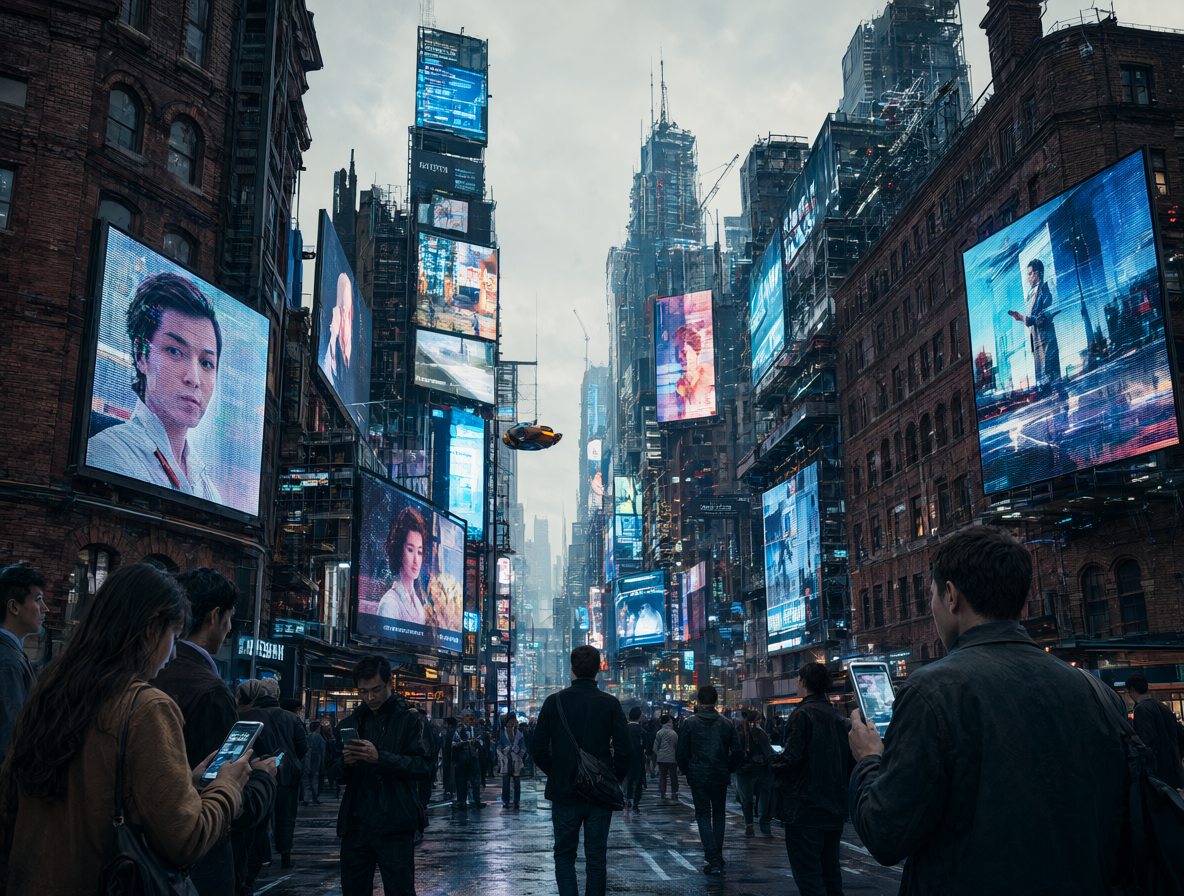 A futuristic dystopian city blending old architecture with overwhelming technology