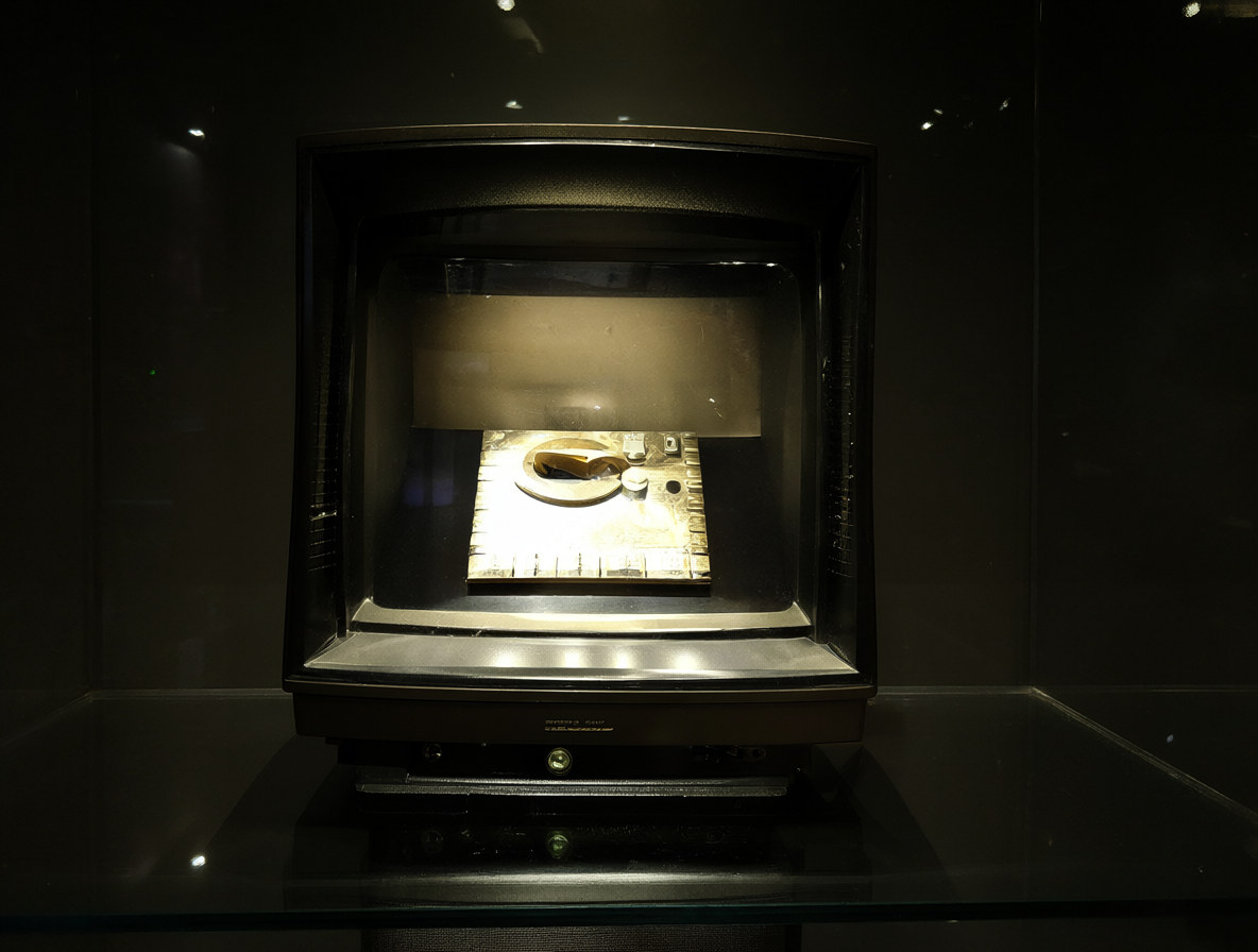 Un televisor CRT vintage exhibido como un objeto de colección histórico valioso bajo luz dramática.