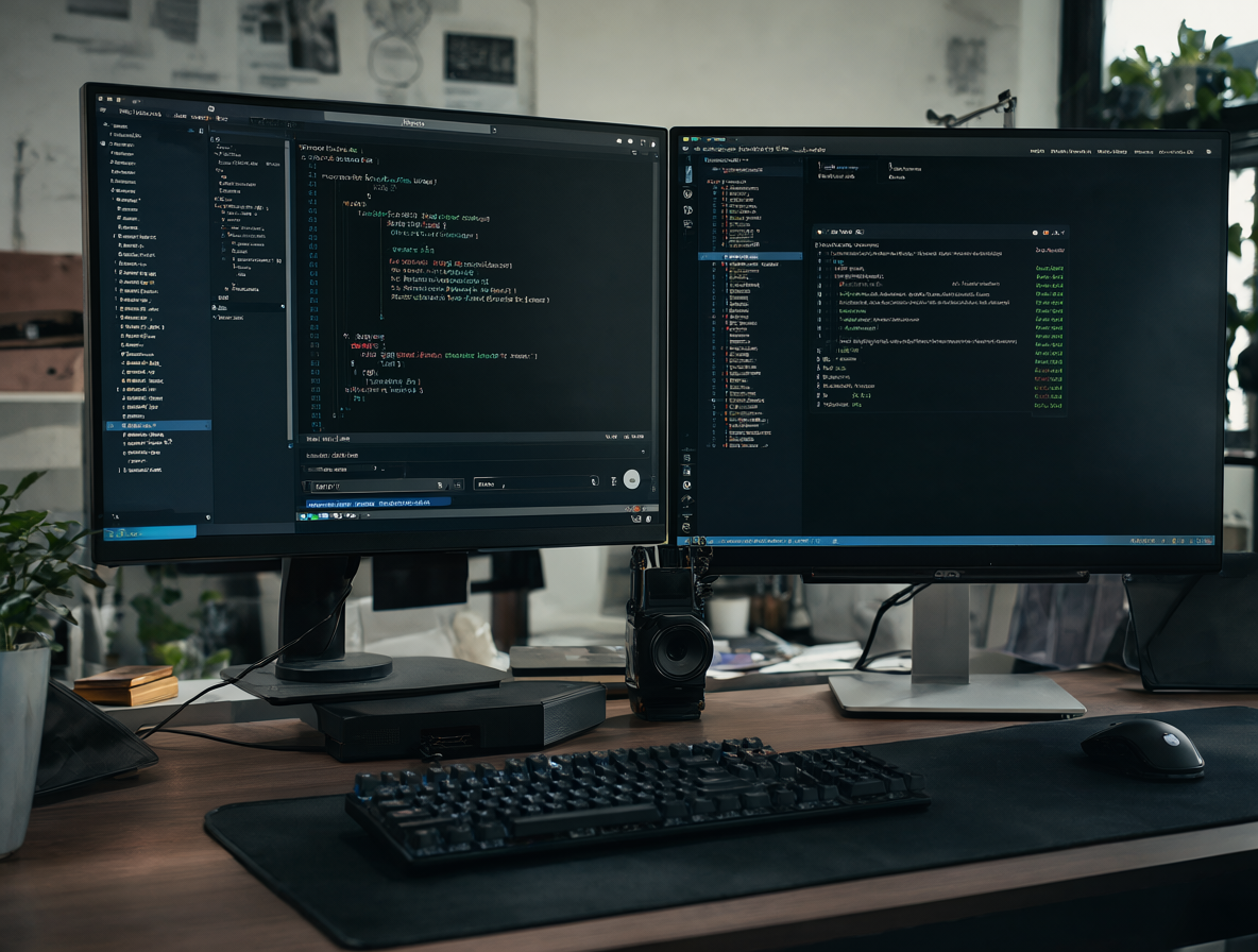 Escritorio de desarrollador con una IA integrada ayudando a generar código y manejar APIs para tareas de automatización.
