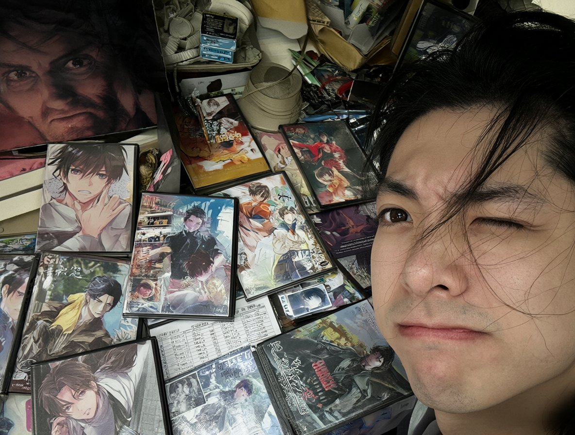 Una persona confundida frente a una mesa llena de portadas de anime y hojas de cálculo desordenadas.