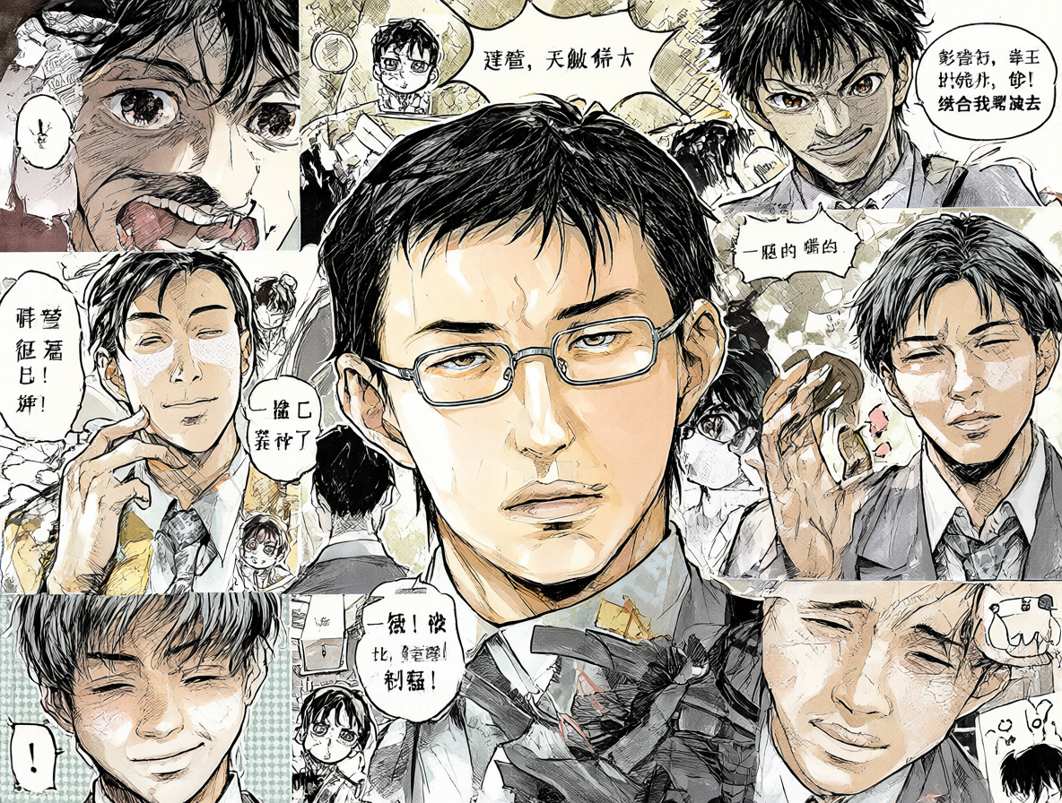 Manga artist Ken Akamatsu with his various works