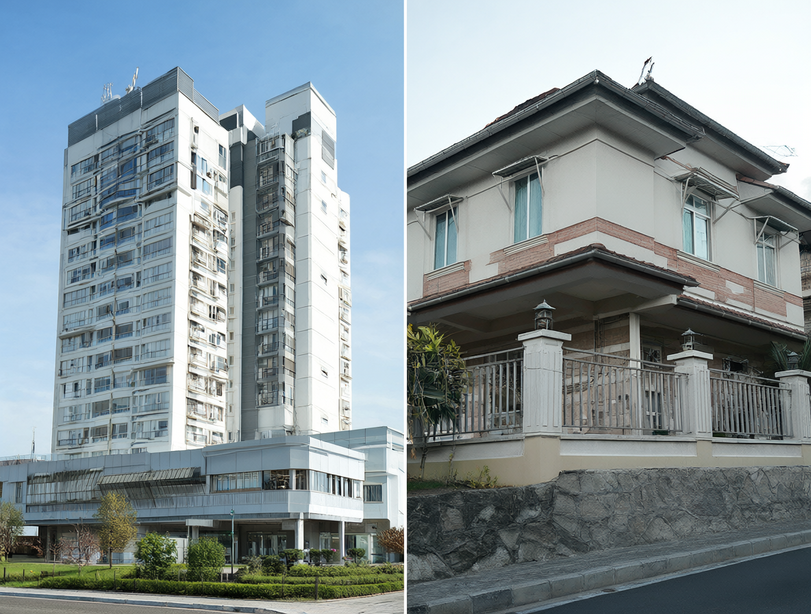 Comparativa visual entre un hospital alto y una casa residencial mostrando sus diferentes alturas.