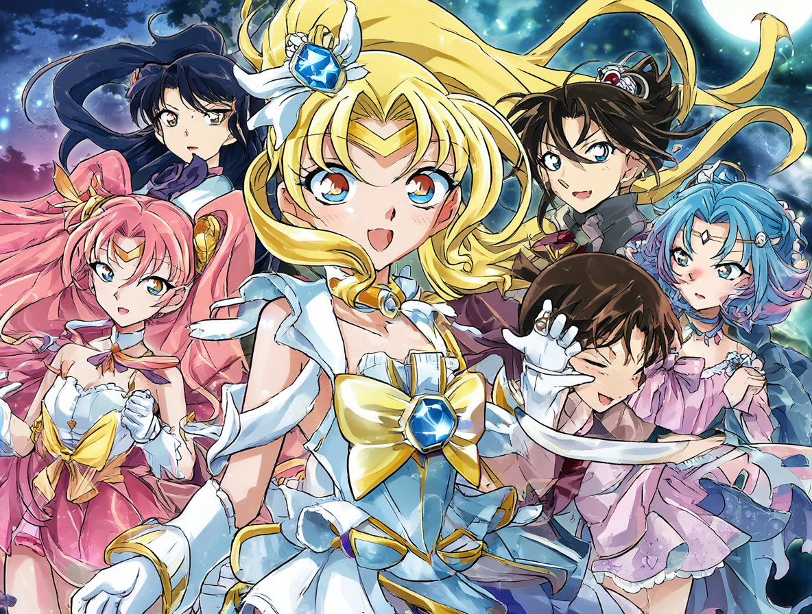 Ilustración del crossover entre las Guerreras Mágicas Precure y el detective Conan