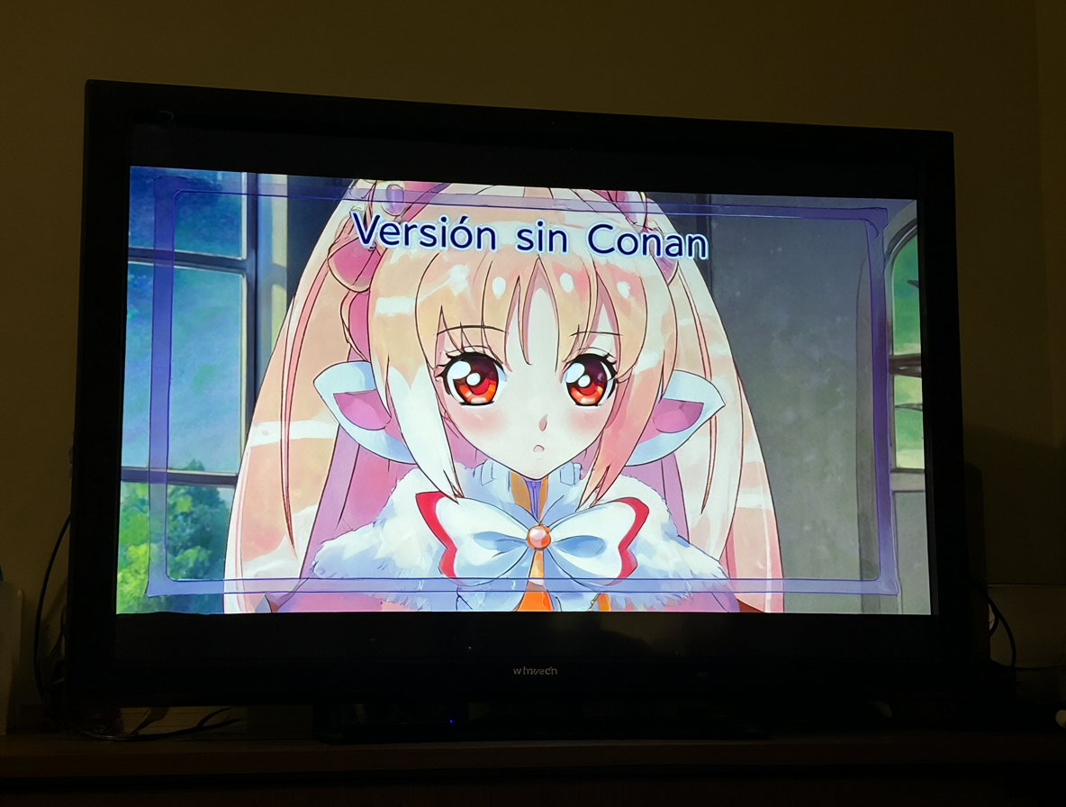 Pantalla de TV mostrando el episodio de Precure sin el personaje Conan