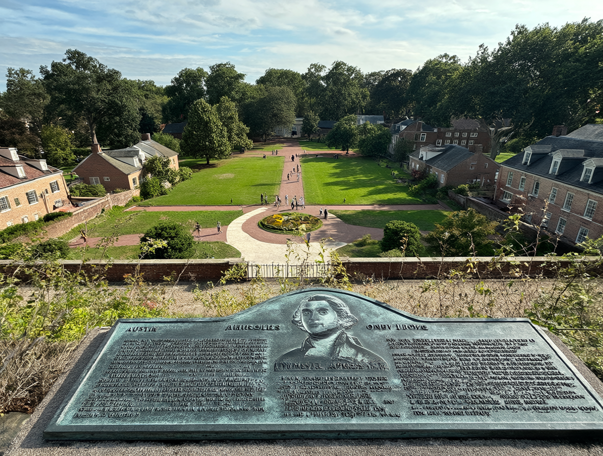 Placa conmemorativa en la residencia histórica mostrando los nombres de personas esclavizadas y el retrato de George Washington