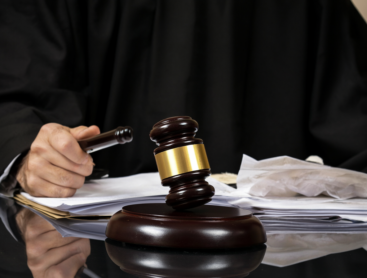 Un juez en un tribunal golpeando un mazo sobre documentos legales