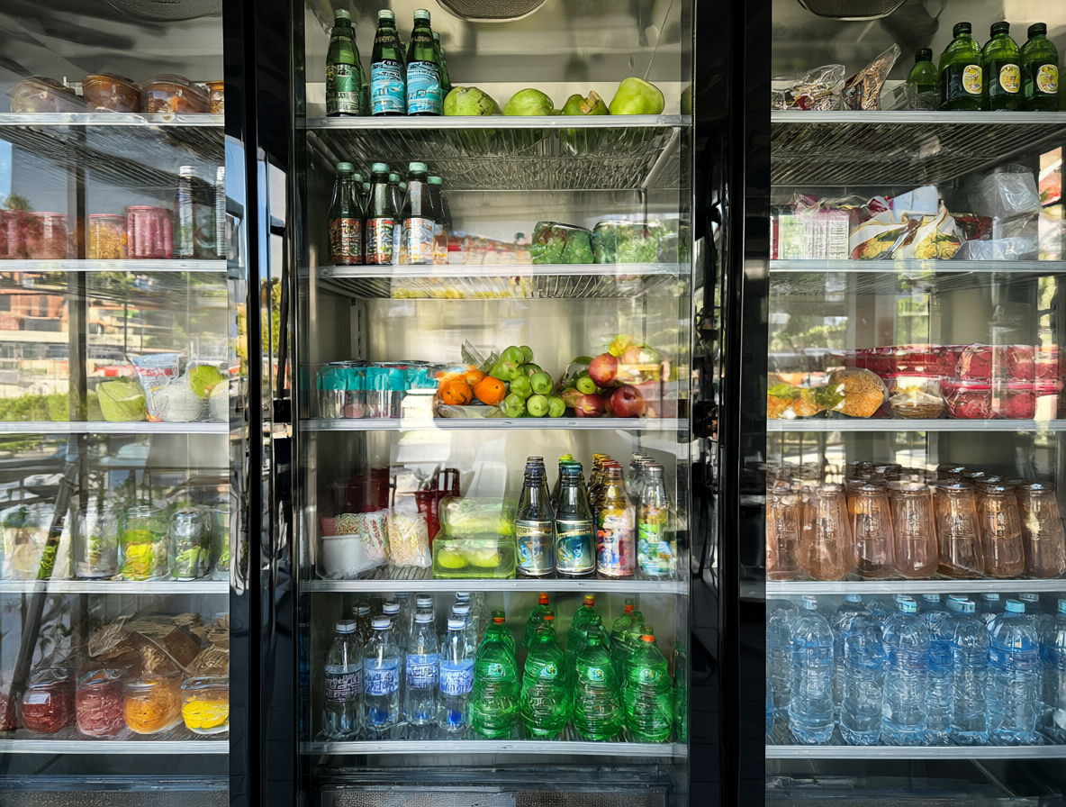 Vista frontal de un refrigerador comercial moderno con dos puertas de vidrio transparente que muestran bebidas y comida fresca dentro.