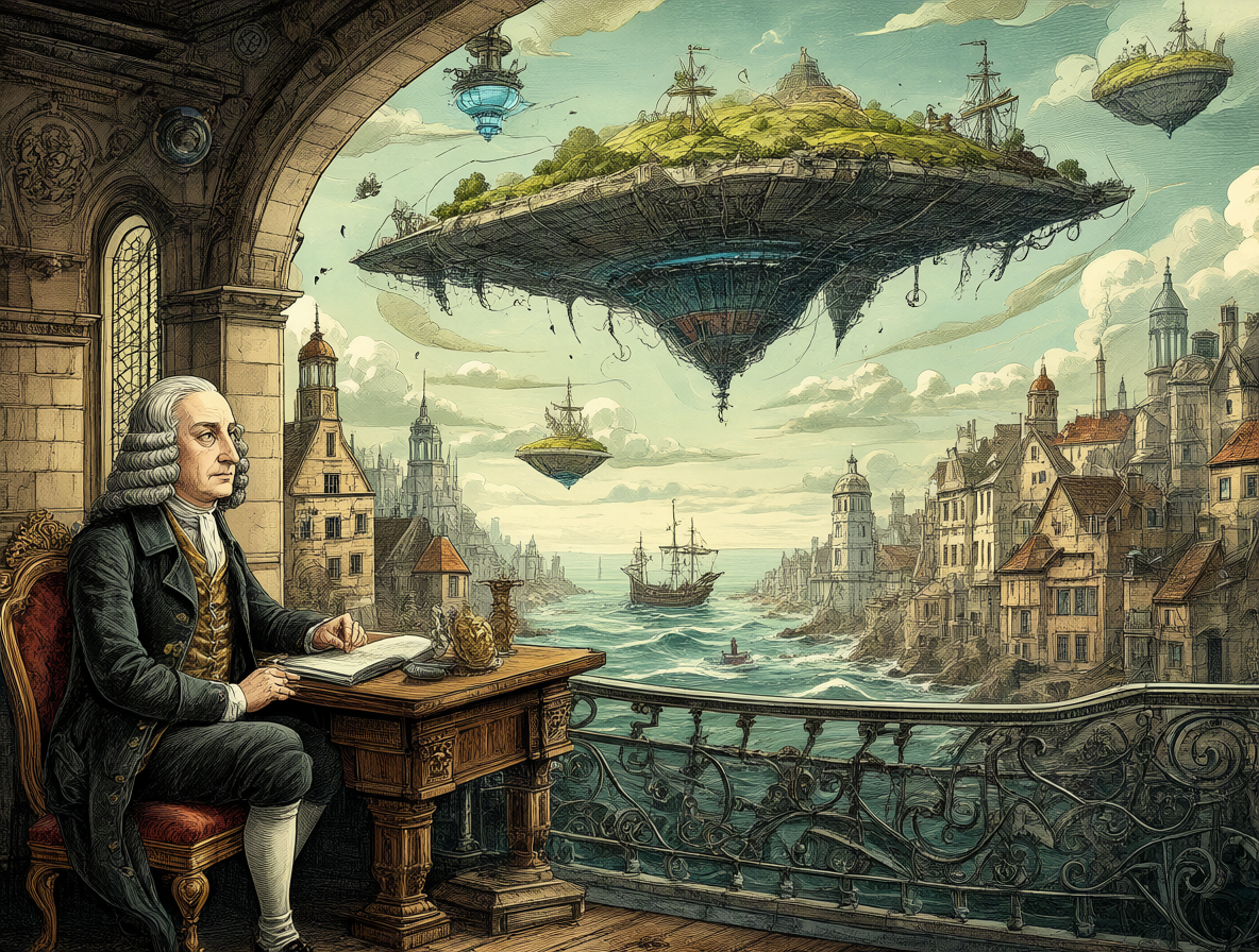 Retrato del autor Jonathan Swift junto a un modelo de la isla voladora Laputa.