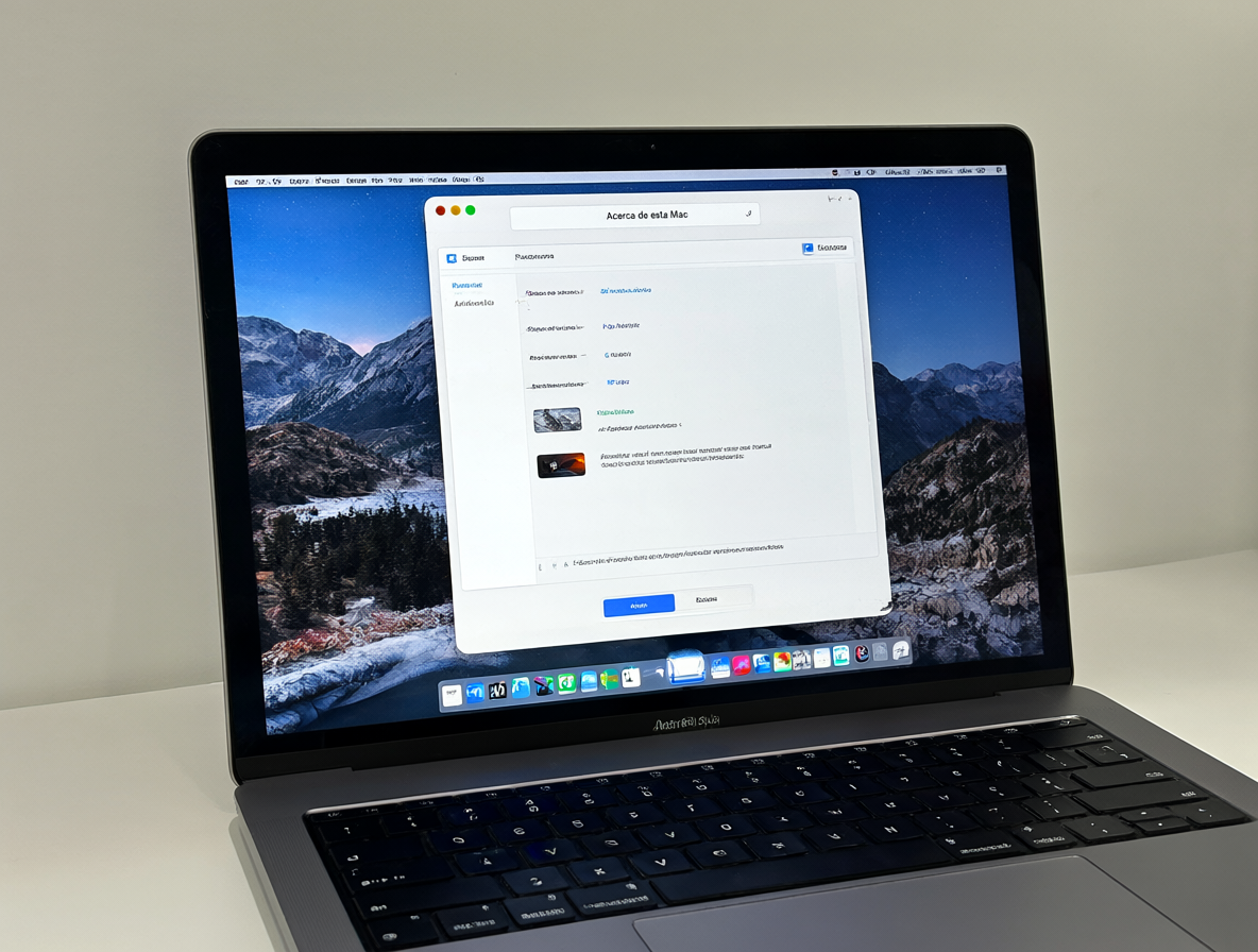 Vista clara de un MacBook Air 2019 sobre un escritorio minimalista con la ventana de información del sistema abierta.