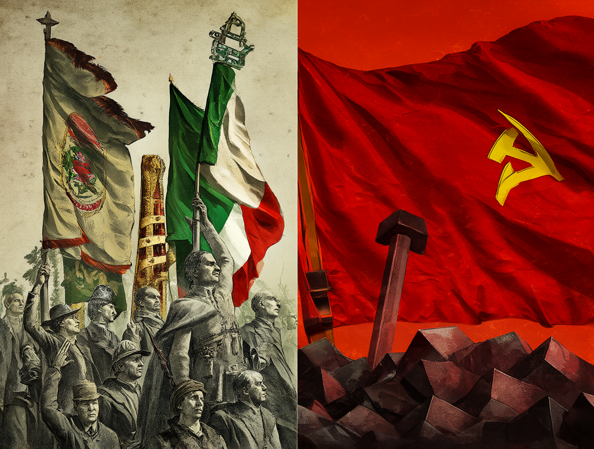 Ilustración dividida mostrando los símbolos y conceptos clave del fascismo a la izquierda y del comunismo a la derecha.
