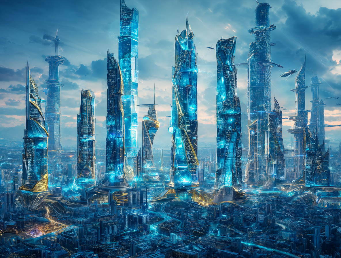 Ciudad futurista con edificios hechos de cristal brillante, representando el potencial económico de la magia.