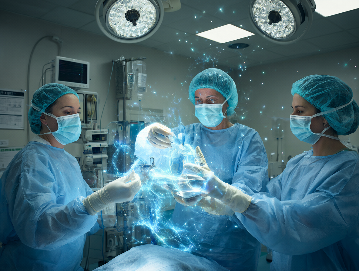 Médicos en un hospital curando pacientes con magia brillante, ilustrando el impacto en la medicina.