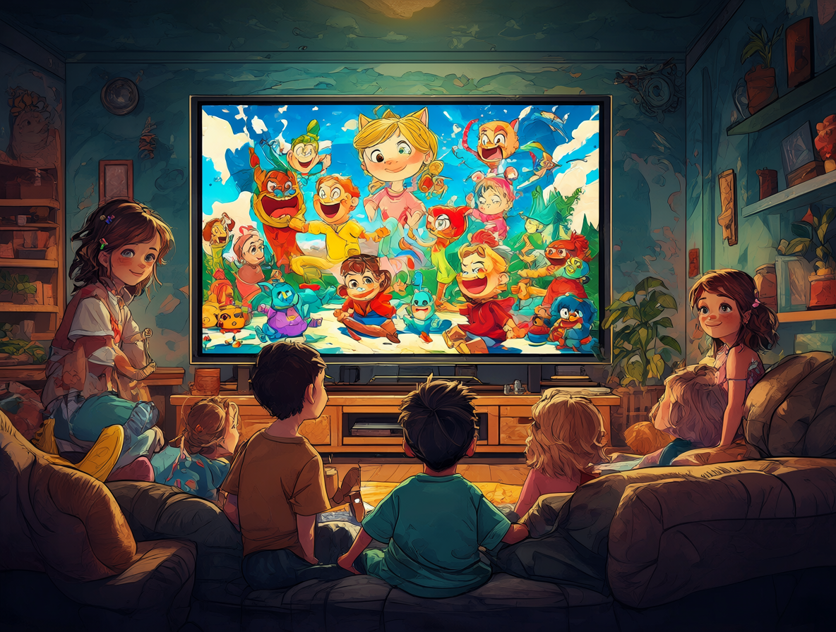 Ilustración de niños observando una televisión que muestra la serie The Amazing Digital Circus.