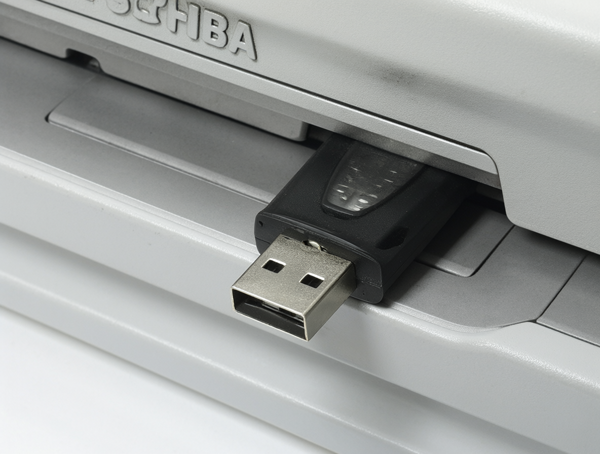 Pendrive USB insertado en un puerto de la impresora multifuncional