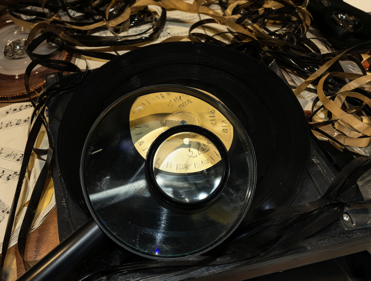 Disco de vinilo de Prince con una lupa encima, sobre un escritorio con cintas de estudio.