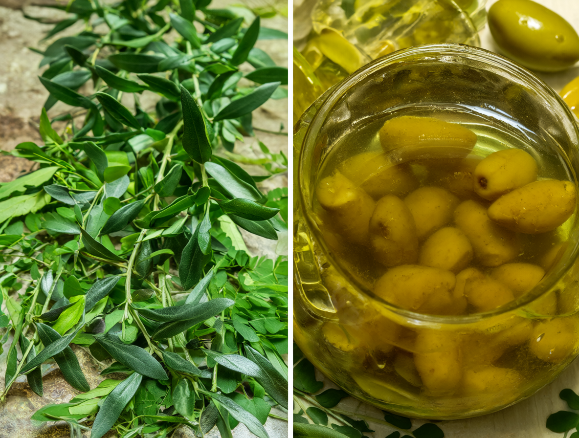 Hojas de plantas medicinales, un frasco de aceite de oliva y aceitunas en salmuera.