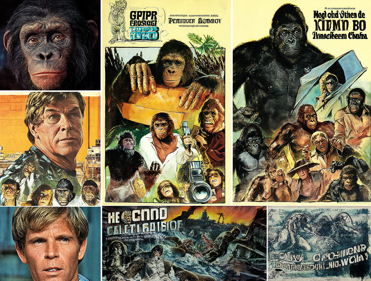 Collage mostrando a Roddy McDowall como Caesar, Cornelius y Galen junto a pósters de El Planeta de los Simios