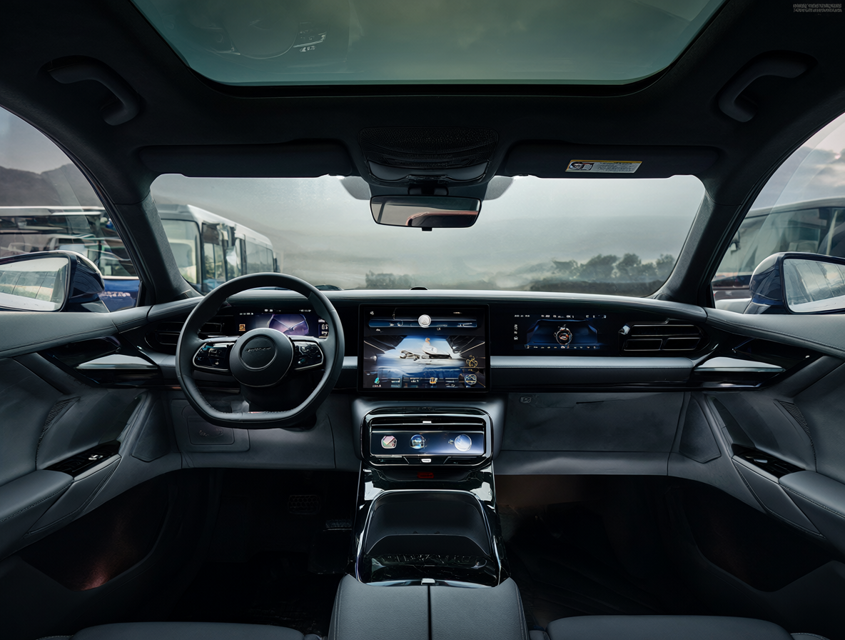 Vista del tablero de un coche moderno lleno de pantallas táctiles