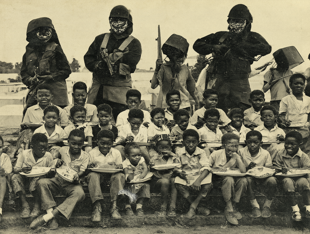 Collage histórico mostrando a miembros armados del Partido Pantera Negra y niños comiendo desayunos escolares.