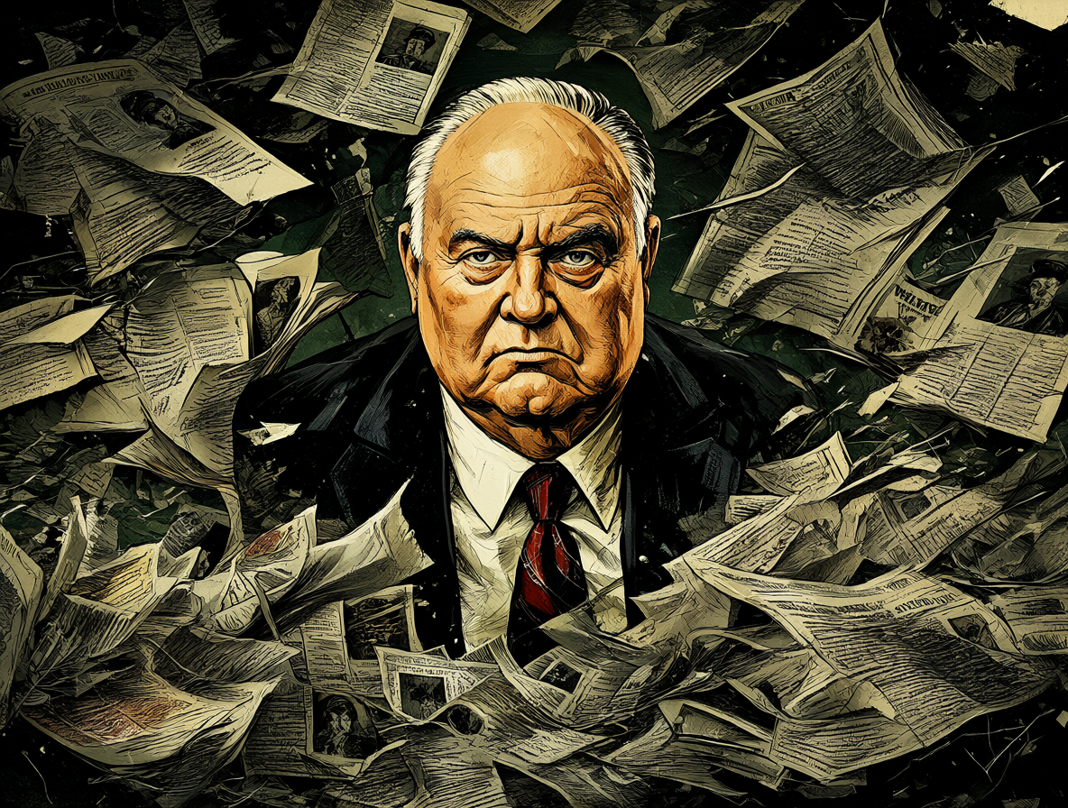 Ilustración dramática de J. Edgar Hoover rodeado de documentos sobre campañas de desprestigio.