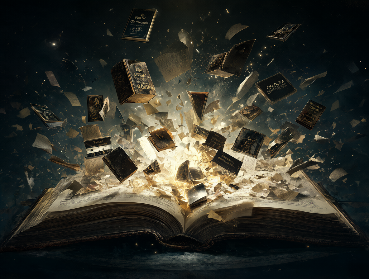 Imagen mostrando la evolución de un libro a una película oficial etiquetada como fanfiction glorificada.