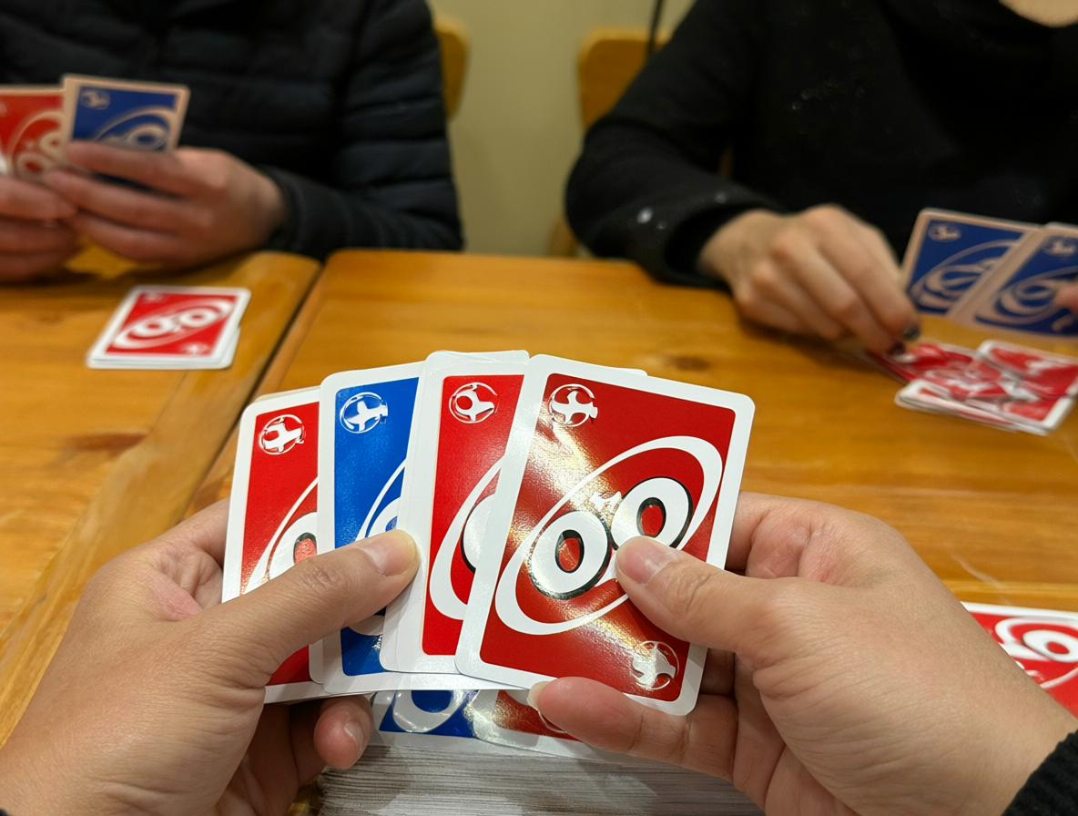 Fotografía de manos jugando al UNO sobre una mesa
