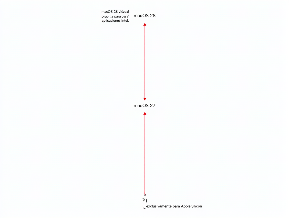 Diagrama vertical que muestra los hitos de la transición de Apple, destacando el año 2027 y la eliminación de Rosetta 2 en 2026-2027.