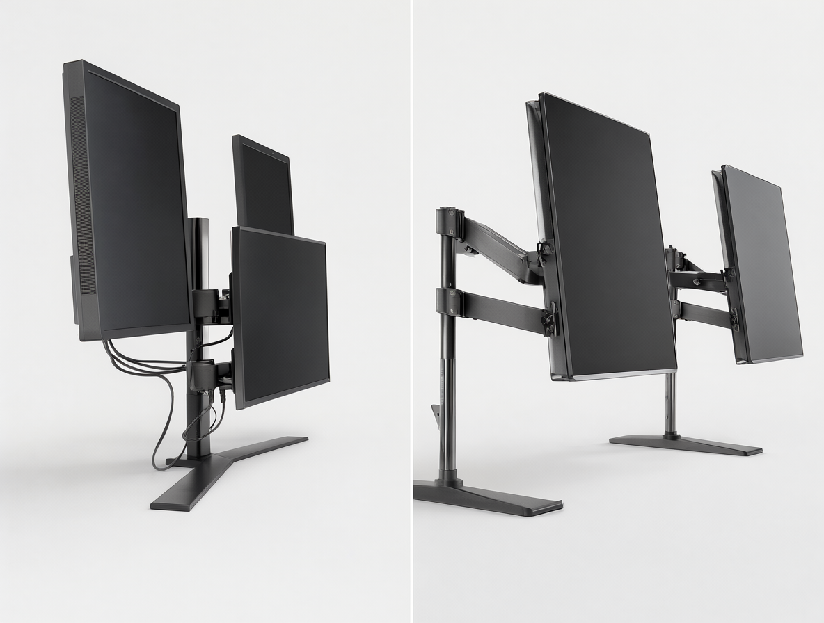Comparación visual de setups de monitores desalineados versus alineados