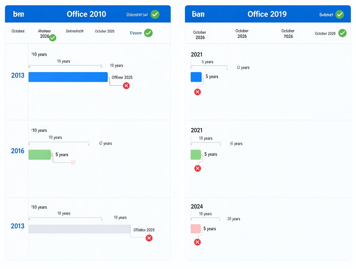 Chart comparing support lifecycles of Microsoft Office perpetual licenses versus subscription models.