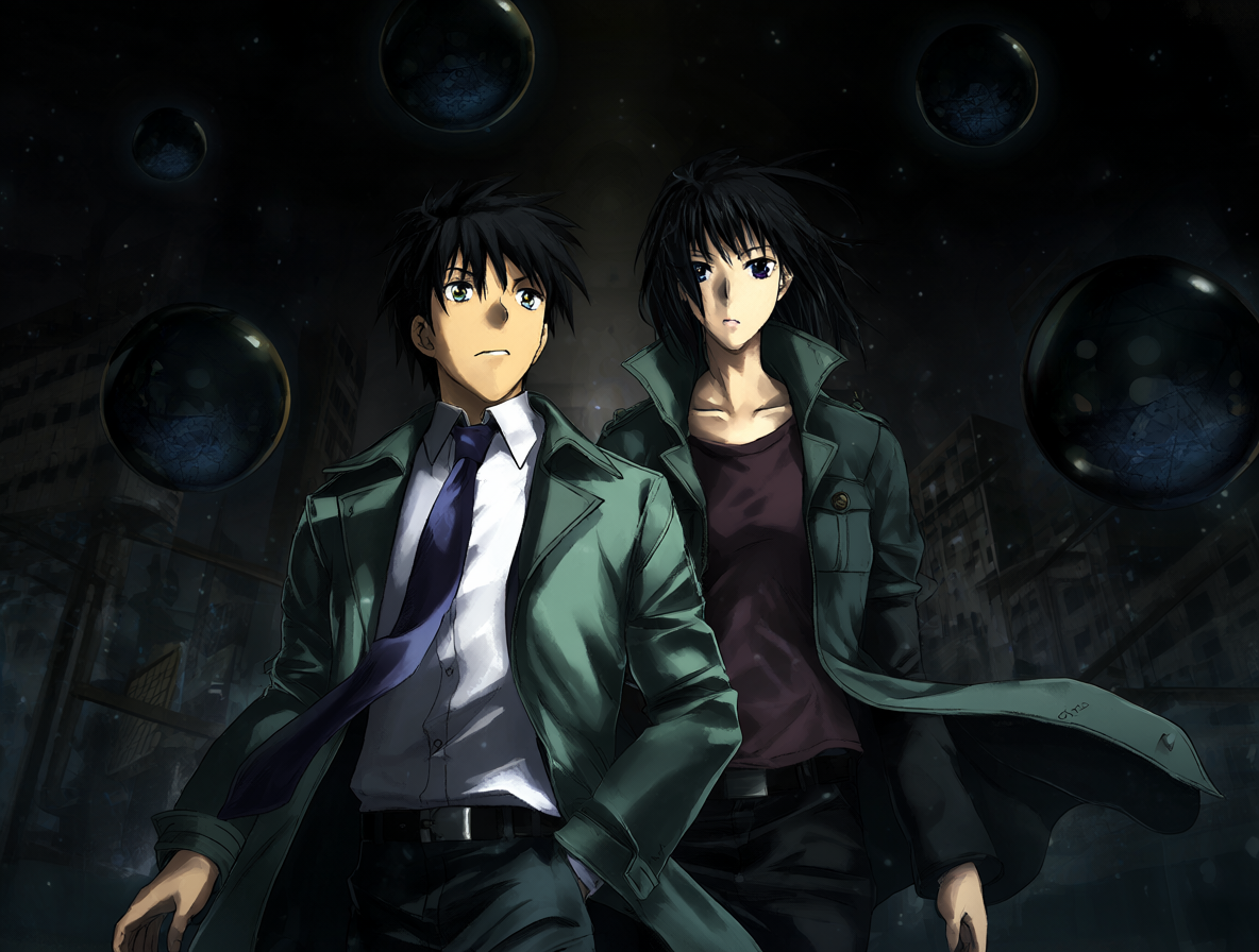 Imagen promocional de los personajes principales de Gantz con esferas negras flotando alrededor.