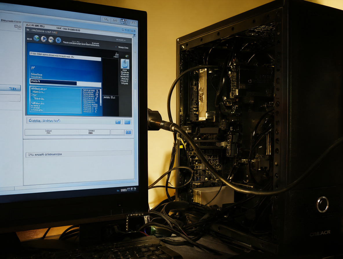 Vista de un escritorio mostrando una videocámara Sony MiniDV conectada por FireWire a una computadora que ejecuta la interfaz de WinDV.