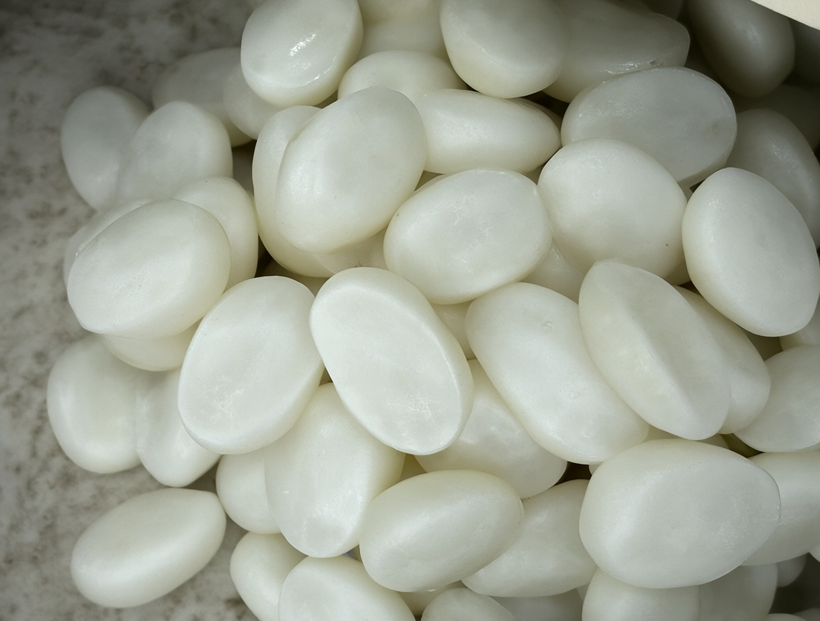 Close-up view of small, white, oval-shaped objects grouped in a cluster on a surface.
