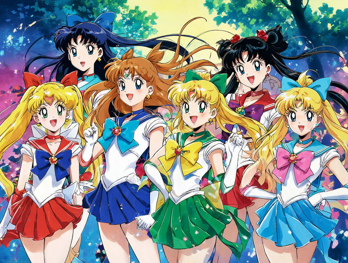 Las Sailor Scouts modernas junto al equipo original de los 90s.