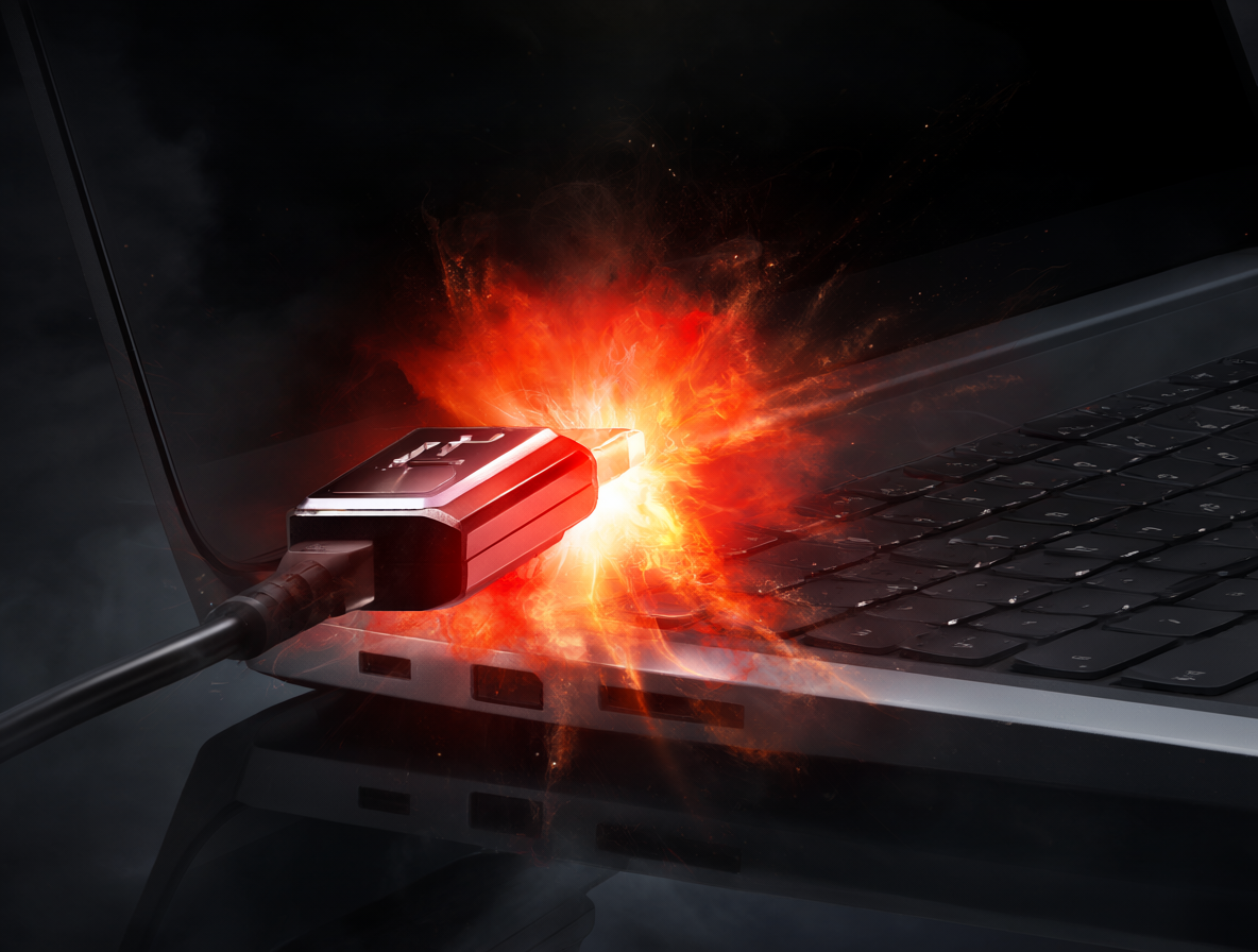 Dispositivo USB Killer causando explosión en una computadora.