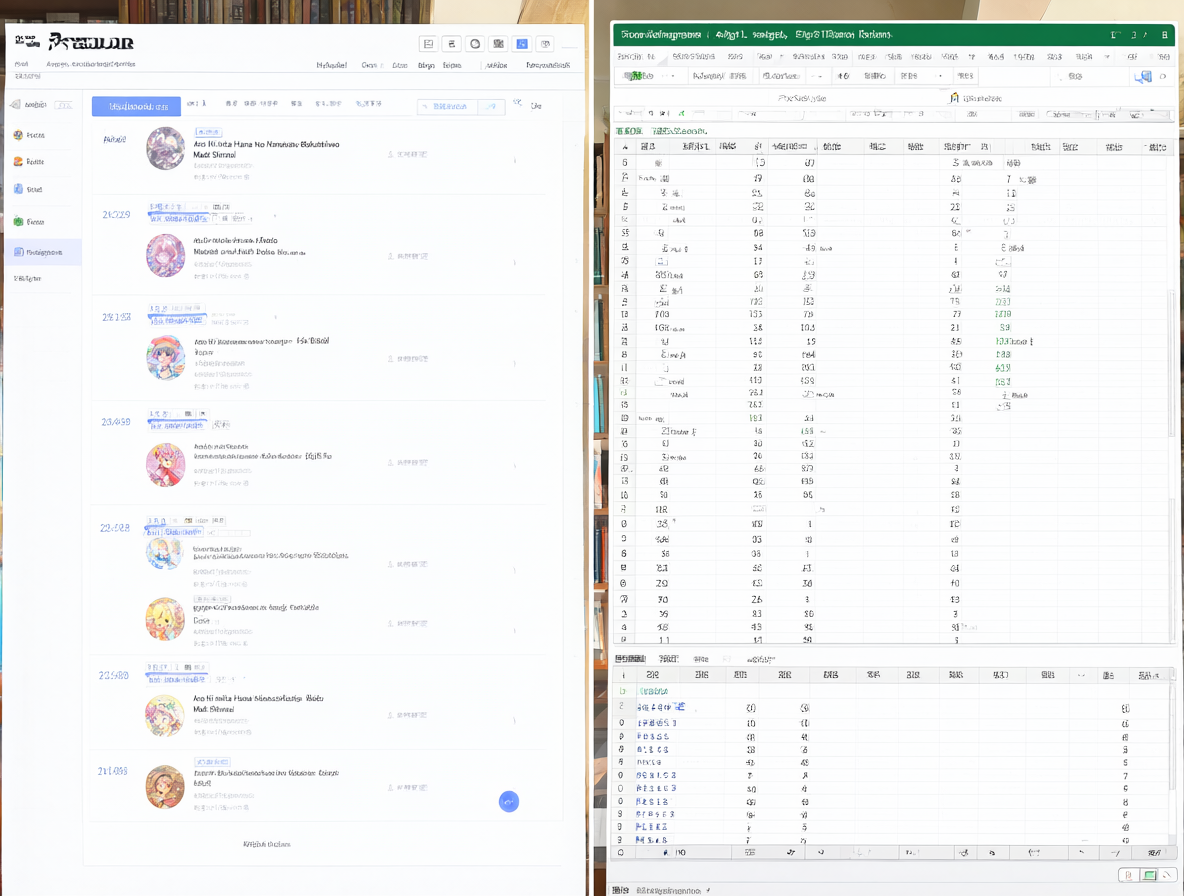Split screen showing MyAnimeList interface on left and messy Excel sheet on right.