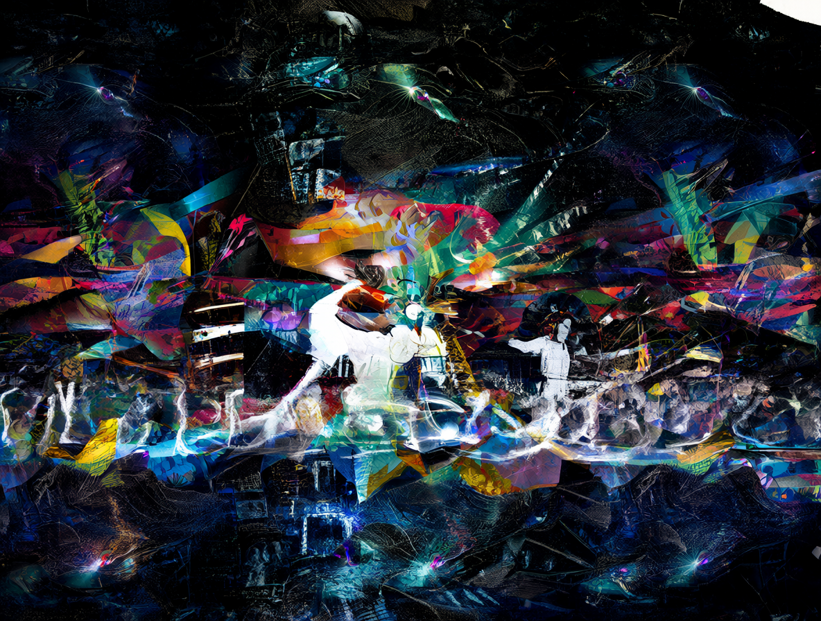 Representación abstracta del grupo de synthpop británico con luces de neón y texturas digitales, evocando su estilo musical único.