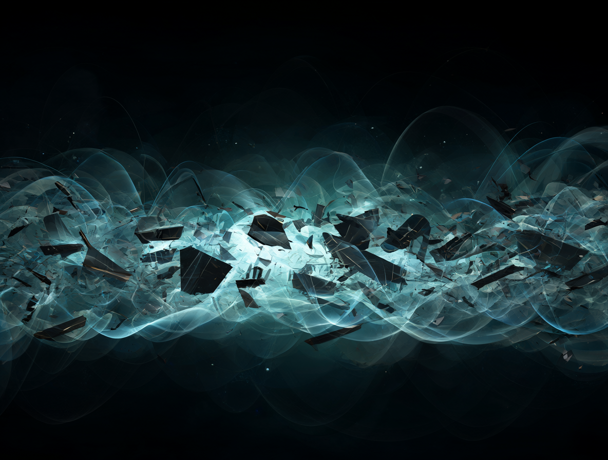 Ondas sonoras abstractas y fragmentos de audio flotando sobre un fondo oscuro, representando el estudio y la textura física del sonido.