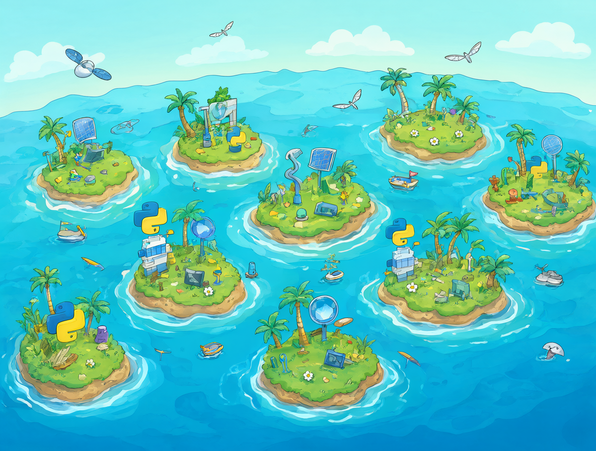 Diagrama mostrando múltiples entornos virtuales de Python aislados sentados lado a lado como islas estables en un mar de caos, cada uno conteniendo su propio conjunto limpio de dependencias y herramientas sin interferencia de los demás.