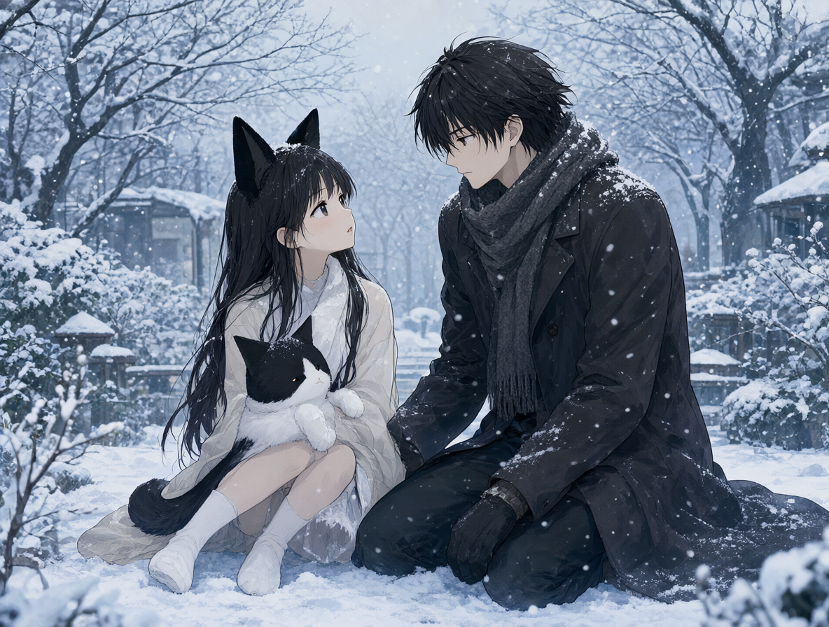 Ilustración anime de Dejiko y Puchiko en un jardín nevado, representando su transformación a adultos románticos.