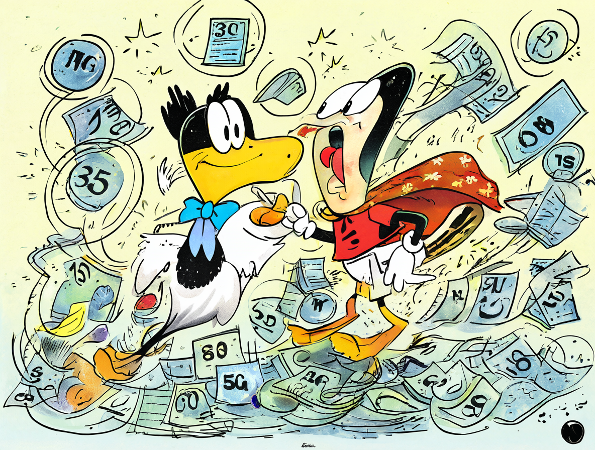 Ilustración de Condorito con marcas legales flotantes indicando el año 2070 como fecha límite.