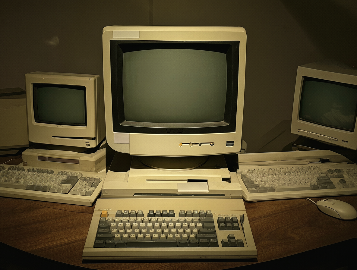 Un setup de escritorio vintage con una Macintosh original de los años 80