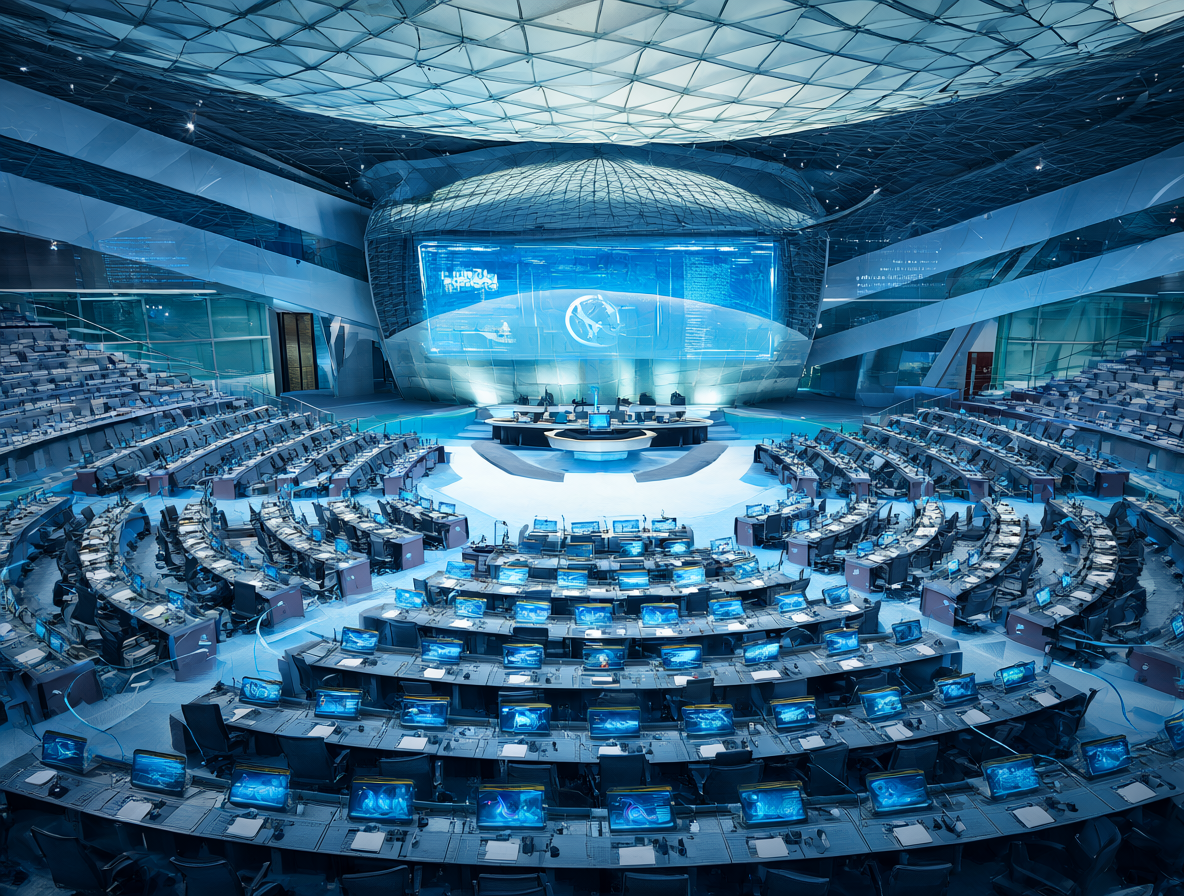 Interior de un edificio gubernamental futurista donde hologramas muestran análisis de datos y código generado por IA sobre las mesas de los legisladores.